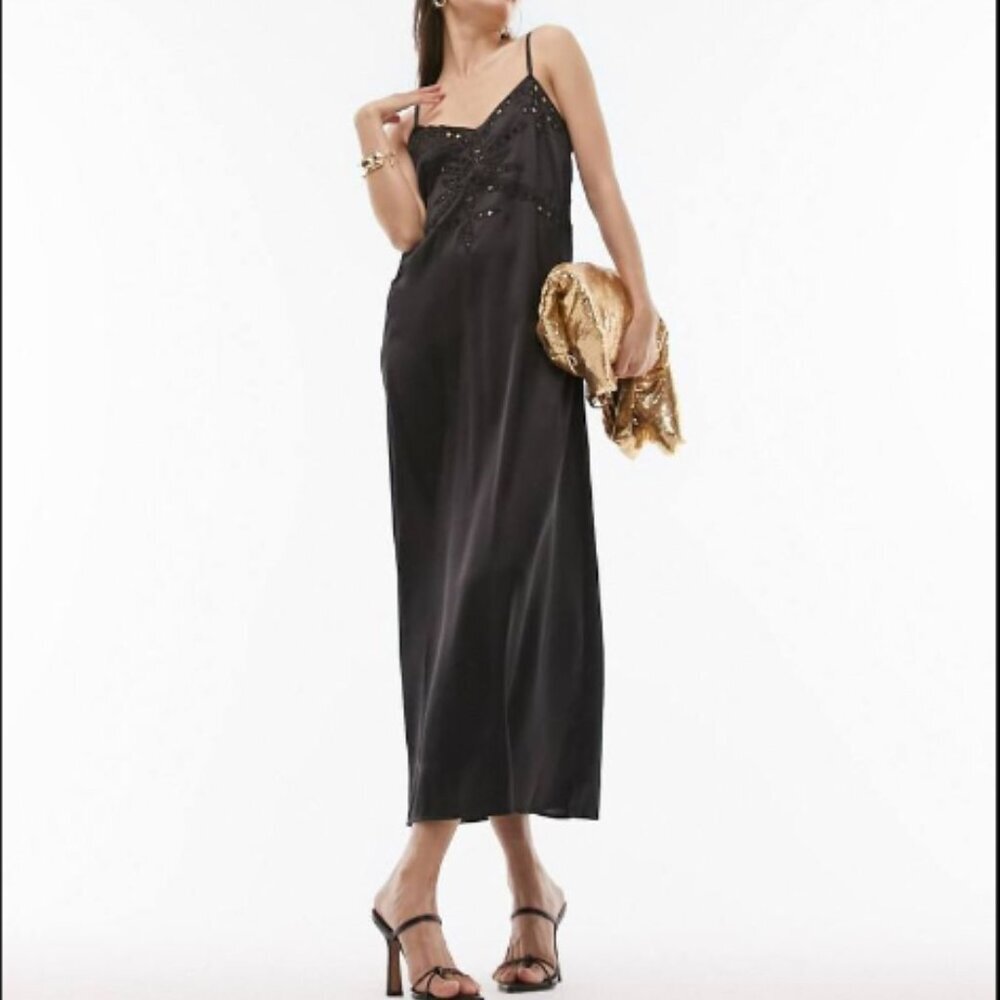 Topshop Black Satin Lace Inset Maxi Slip Dress Cut Outs Women's 10 New